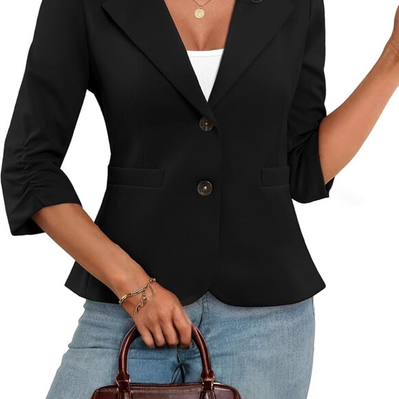 Womens Casual 3/4 Sleeve Knit Blazers - High Stretch Business Work Suit Slim Fit - Picture 1 of 6